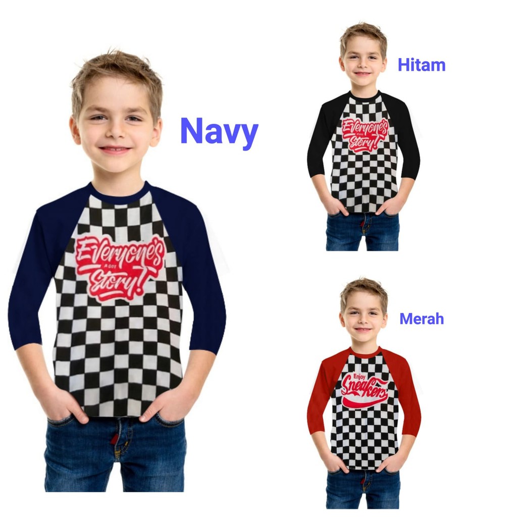 Kaos Raglan Anak Tangan Tanggung Motif Catur Lengan Warna