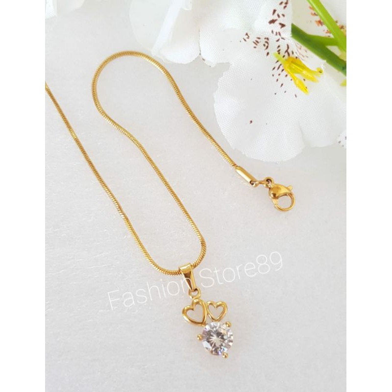 Kalung Titanium Fashion Double Love permata putih kalung titanium emas antikarat impor