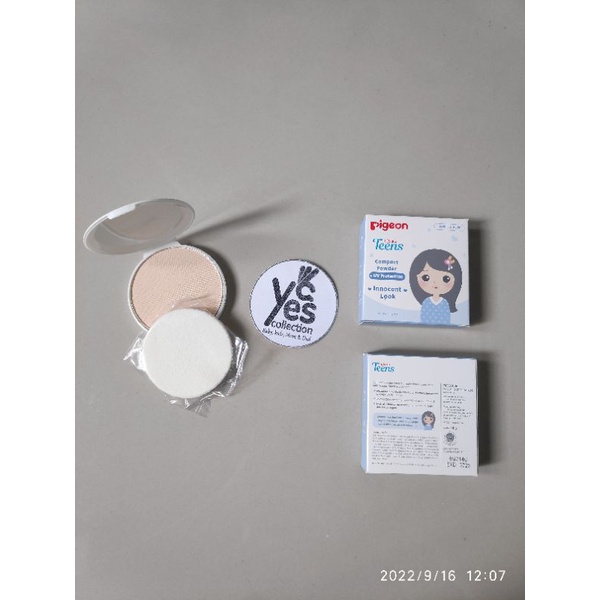 Bedak Padat Anak Pigeon Teens Compact Powder BIRU UV Protection Tempat Kaca + Refil + Puff Makeup Remaja Natural Beige Sand Pure White Pink