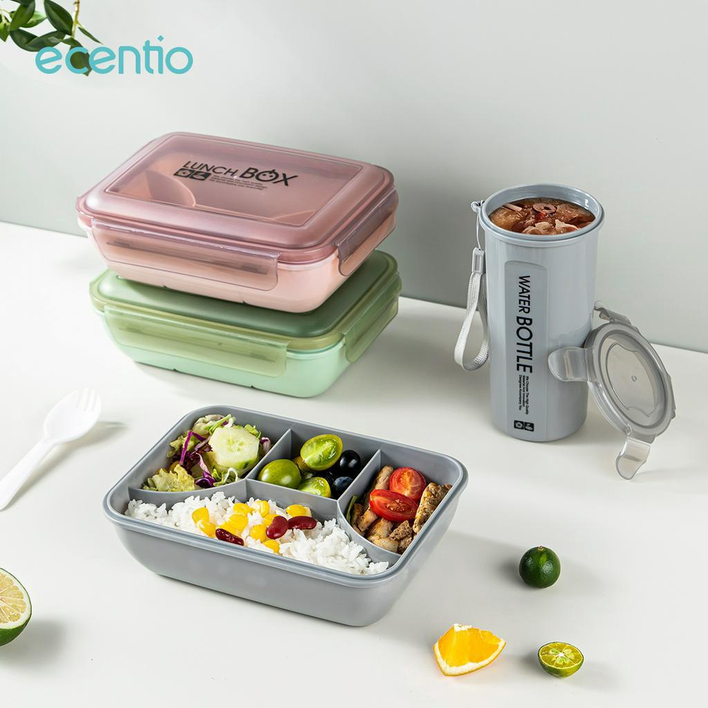 ecentio lunch box set botol minum set anti tumpah 4 sekat tempat makan Free Sendok Tempat Makan