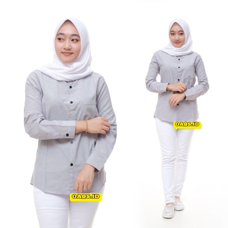 Pakaian wanita kemeja polos lengan panjang tosca putih softblue M L XL