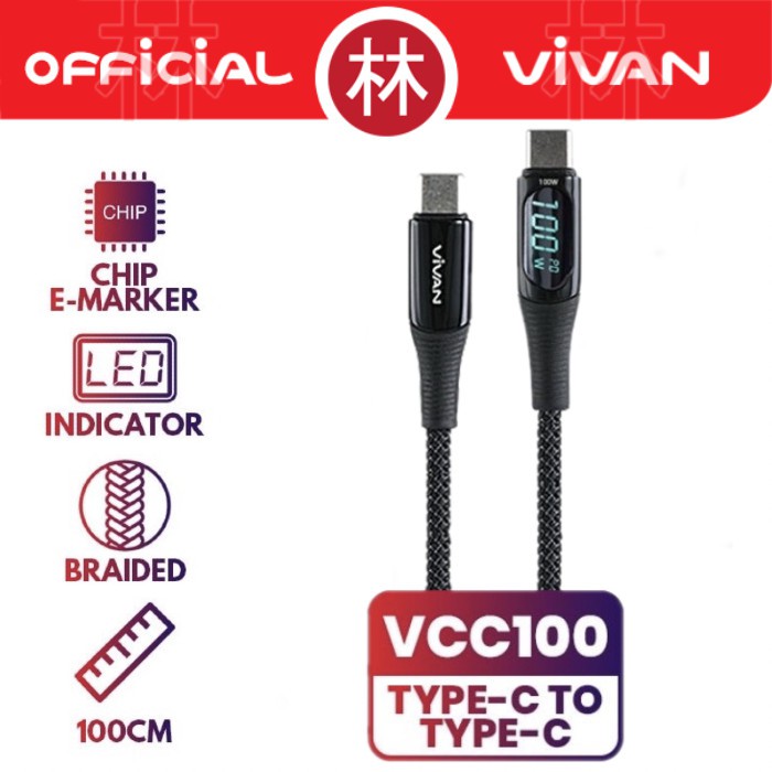 Vivan VCC100 Data Cable Type-C To Type-C 100W Quick Charge 5A With LED