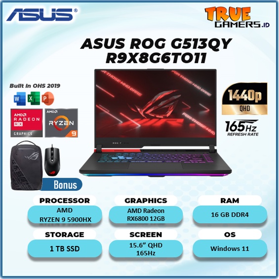 ASUS ROG G513QY RX6800-12GB RYZEN 9 5900HX RAM 16GB 1TBSSD WINDOWS 11 + OHS 15.6QHD 165HZ