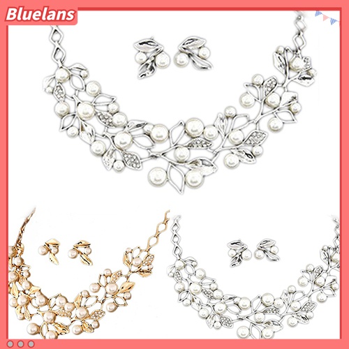 Bluelans Set Anting Tusuk + Kalung Choker Wanita Desain Daun Hias Mutiara Imitasi Untuk Pengantin