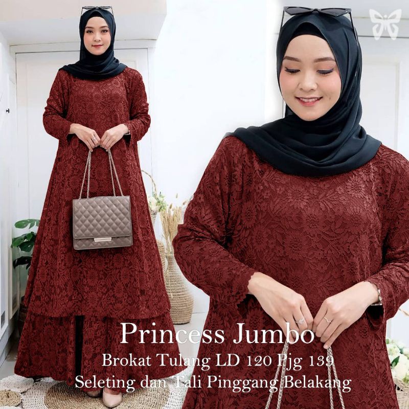 ELDE 5 - Princess Gamis Maxi JUMBO ( L - XL - XXL - XXXL ) Brukat tulang import lapis furing , seleting belakang , ada tali pinggang