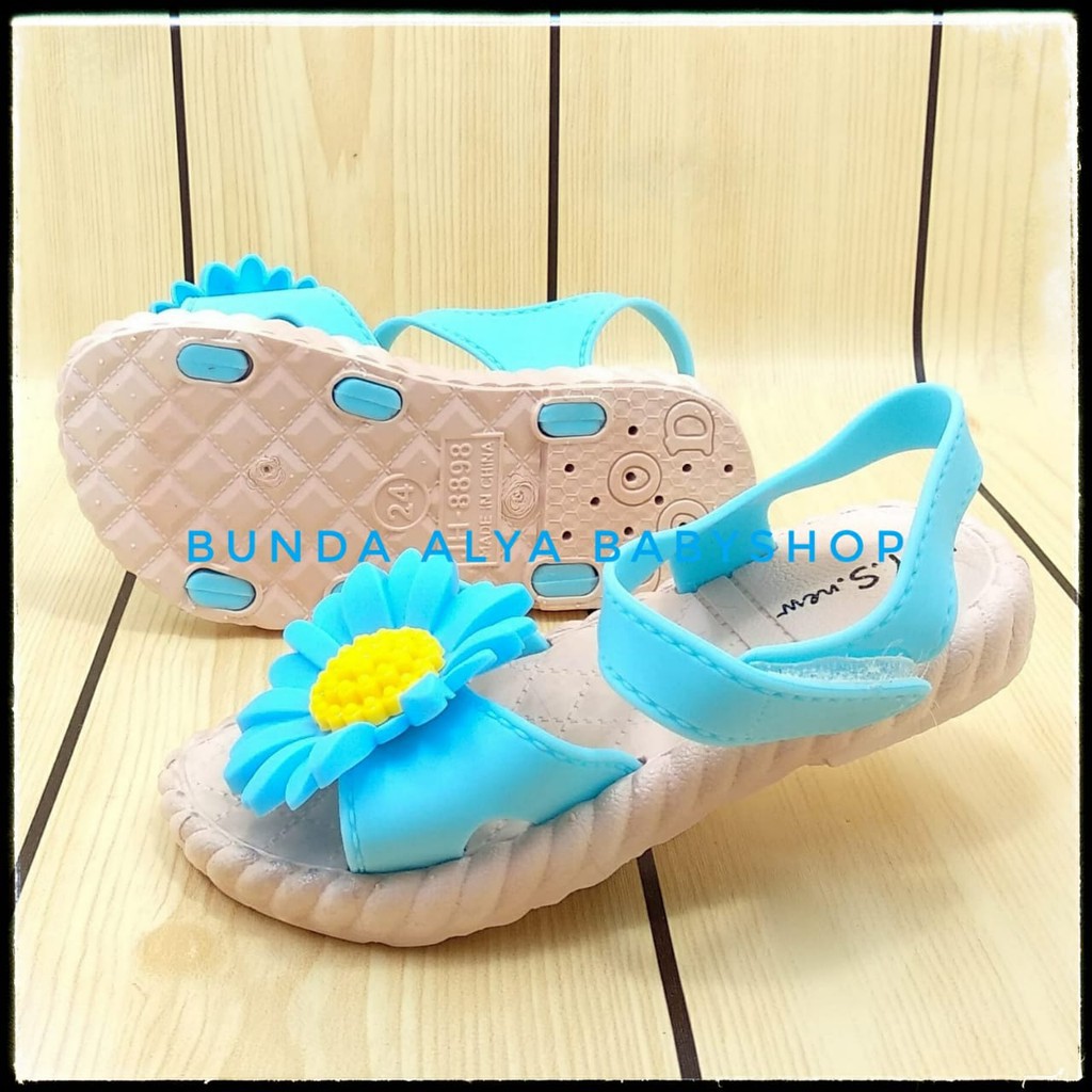 Sendal Anak Perempuan IMPORT Usia 2 3 4 Tahun BIRU Elastis Motif Bunga - Sepatu Sandal Anak Cewek Lentur Bunga Kuning Alas Karet Anti Licin