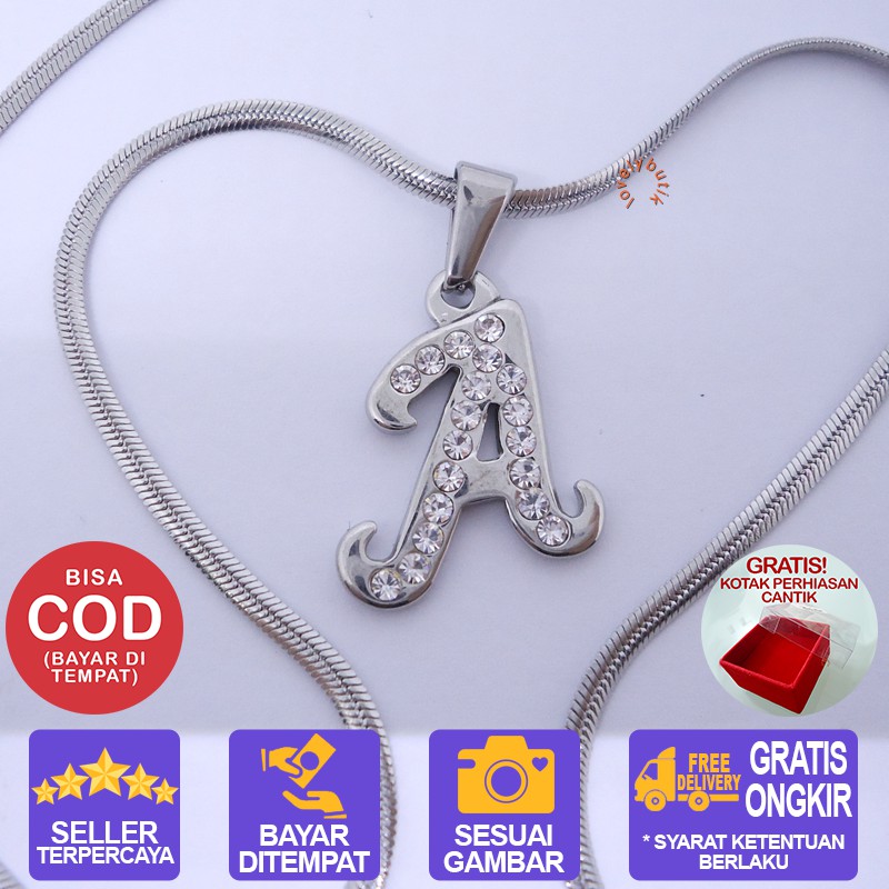 Lovelybutik Honey Kalung Huruf Titanium Anti Karat Inisial A Uk 45 cm BONUS KOTAK PERHIASAN