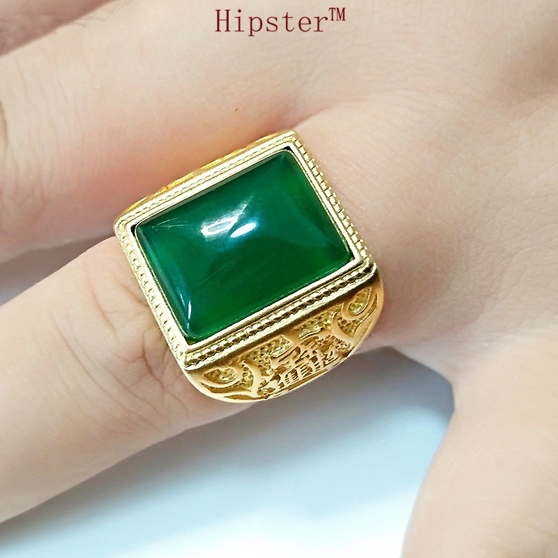Hot Sale Retro Domineering Inlaid Emerald Gold Square Adjustable Ring