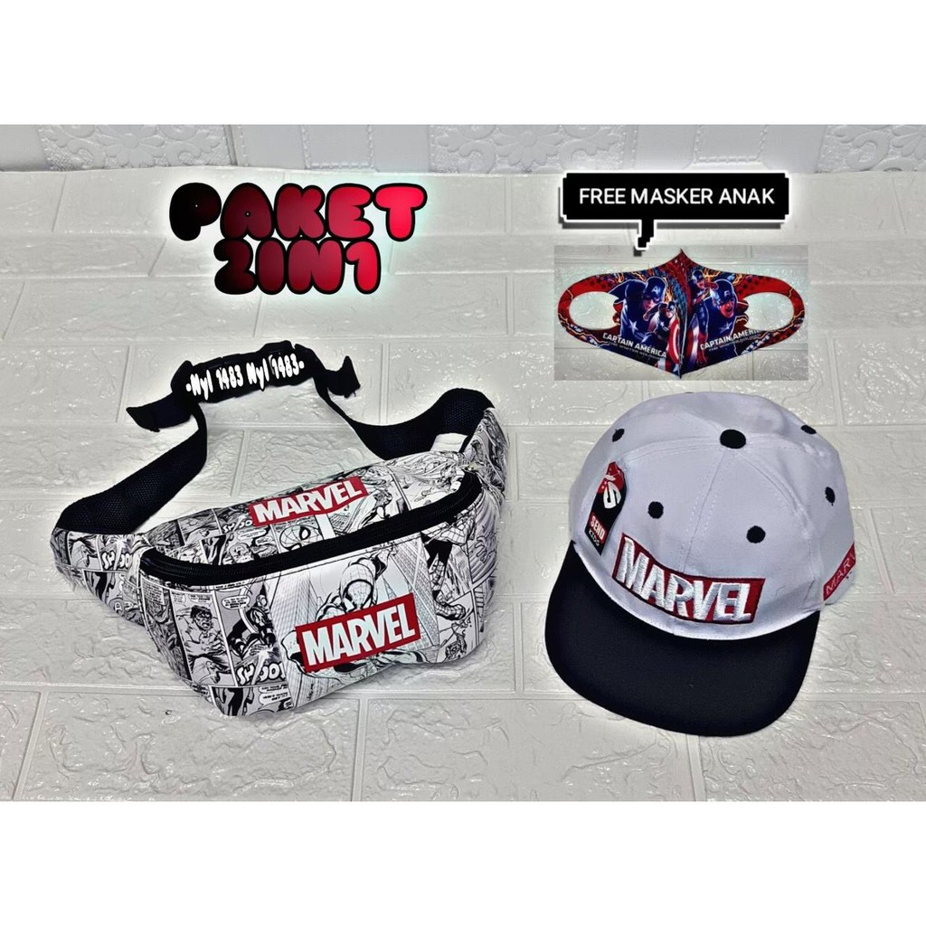 Wesbag anak laki laki, Waist Bag Anak Laki Laki Motif Superhero Marvel dan Topi Anak FREE MASKER