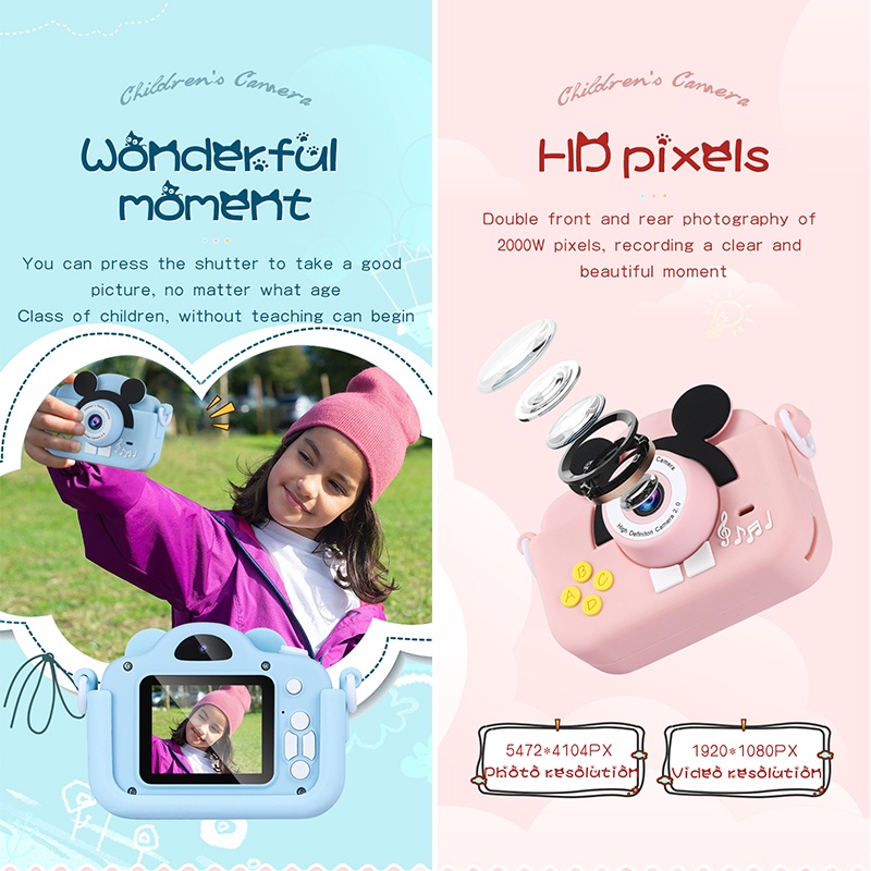 Mini Dual Camera Selfie 2 Inch HD Screen Educational Children Toys Portable High Definition Video Digital Camera SLR Camera For Cartoon Kids Camera with Lanyard