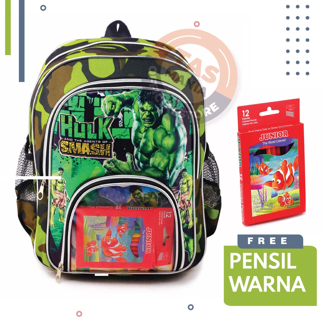 Tas Anak Laki Laki Karakter / HULK Spiderman Boboiboy Avangers - CLEARLY BACKPACK + PENSIL WARNA