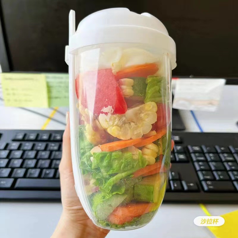 KOTAK MAKAN SALAD Tempat Salad 1L Transparan Reusable Box Salad Pakai Dengan Garpu dan Tutup Food Container Pakai Ulang Box Salad Kue Puding Anti Tumpah