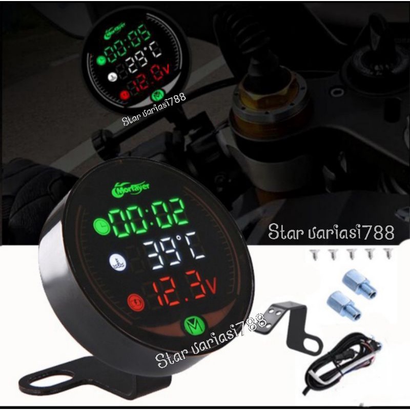 Voltmeter sepeda motor bulat 5in1 plus USB jam waktu pengatur suhu waterproof