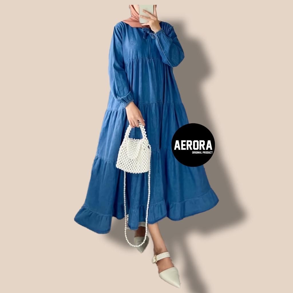 Sun Midi Dress Dres Jeans Korea Muslim Korean Style Wanita Terbaru 2022 Susun Premium Import Ld 110 P 120 Allsize