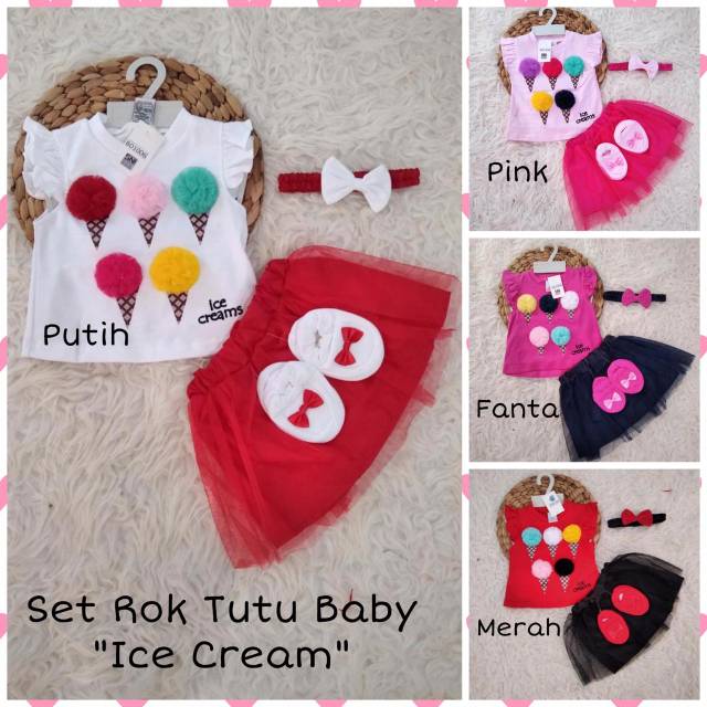SETELAN ROK TUTU BABY "ICE CREAM" SATU SET ATASAN, ROK, SEPATU, BANDO DAN HANGER