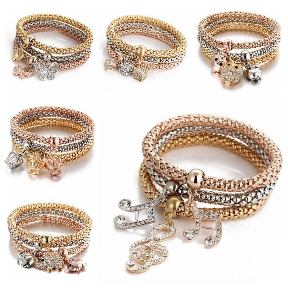 PINEAPPLE 3PCs / Set Crystal Bracelet Gold Color Jewelry for Women Men Bangle