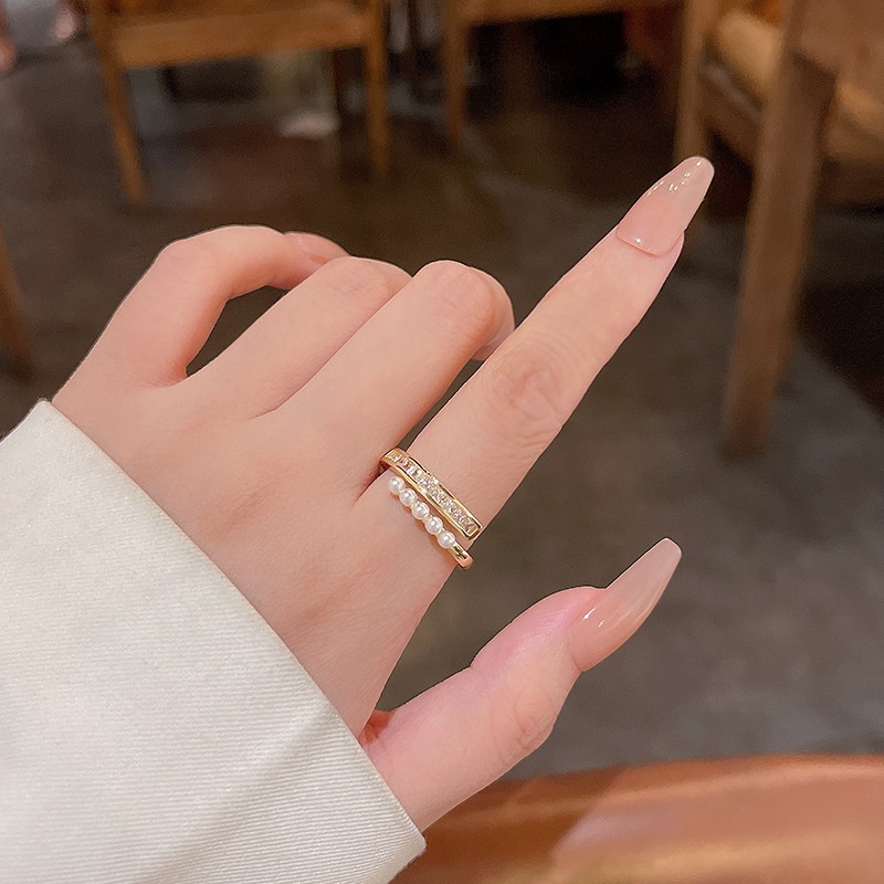 Cincin Jari Telunjuk Lapis Ganda Aksen Mutiara Zirkon Untuk Wanita