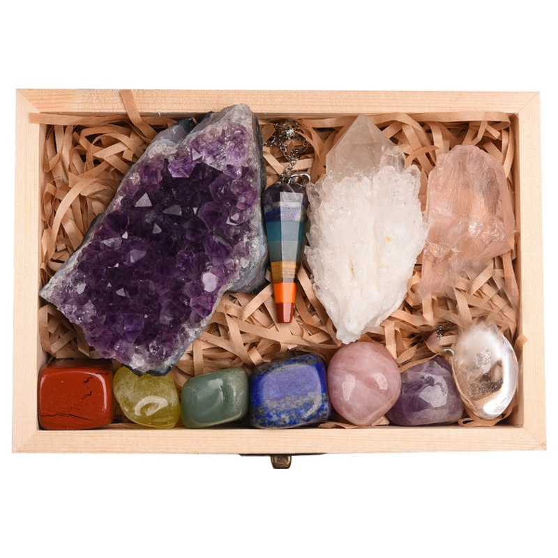 SIY  11Pcs Crystals and Healing Stones Kit With Wood Box 7 Raw Chakra Pendulum Stones