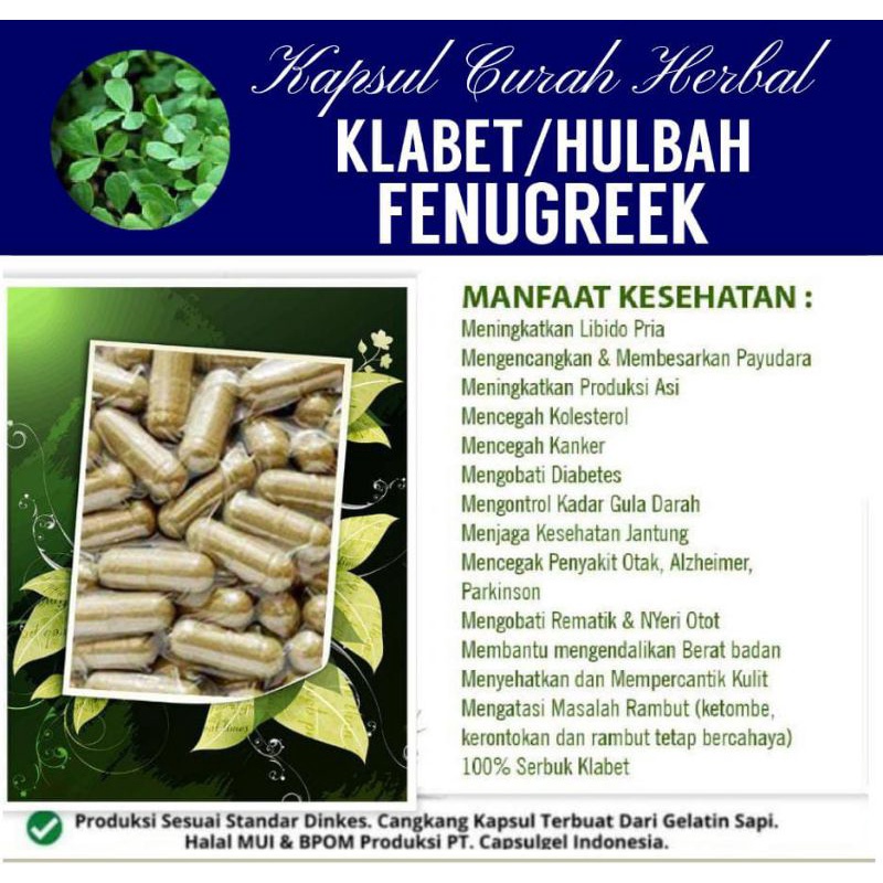 Jual 100 Kapsul Klabet Hulbah Fenugreek Herbal Asi Kanker Diabetes