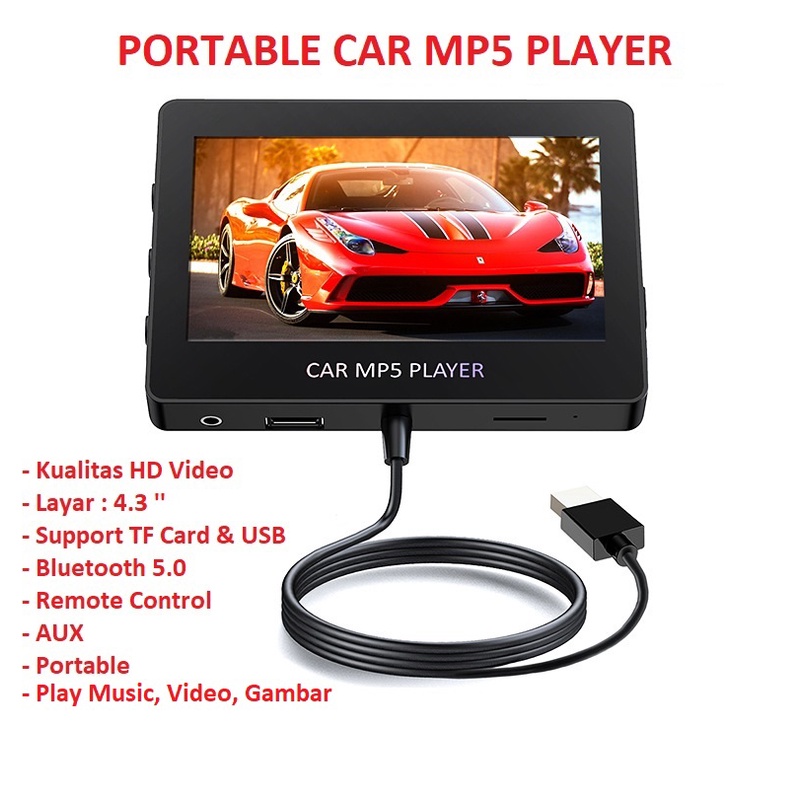 PORTALBE CAR MP5 PLAYER DENGAN LAYER BESAR 4.3 Inchi Support Bluetooth 5 Colokan USB dan Remote Cont
