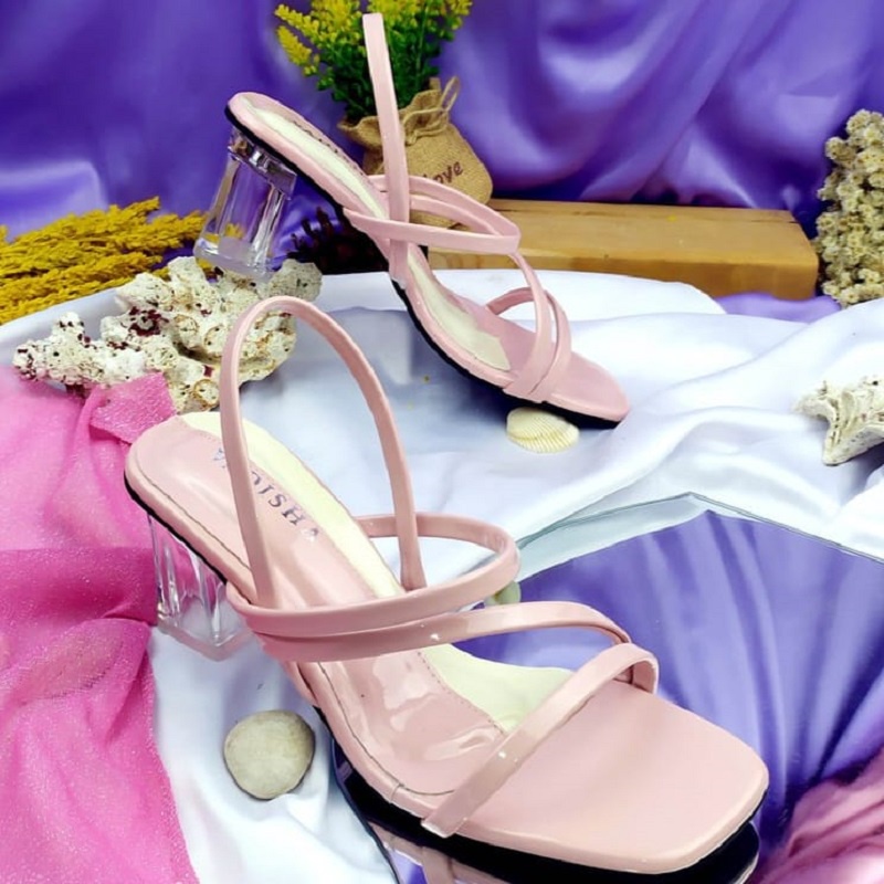 R9 High Heels Wanita Hak Tahu Premium Hak Kaca 7cm Queensha
