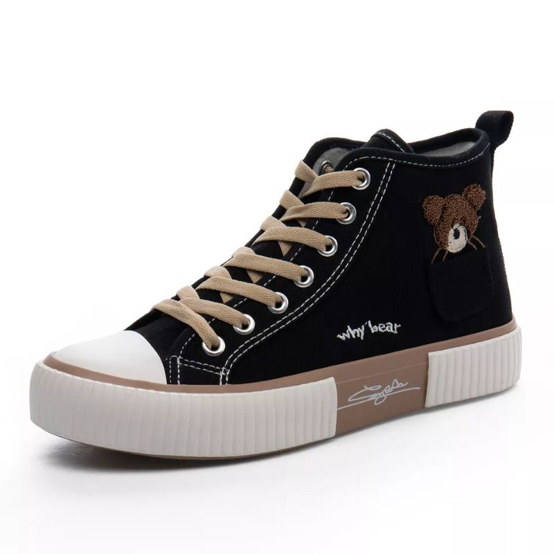 Sepatu Sneakers Kanvas Wanita Semi Boots Korean Syle Best Quality why Bear BR-02-Hitam Tali Coklat