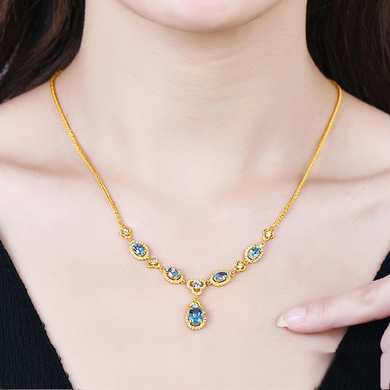 [Ready Stock]Fashion Luxury 18K Gold Plated Color Gemstone Necklace