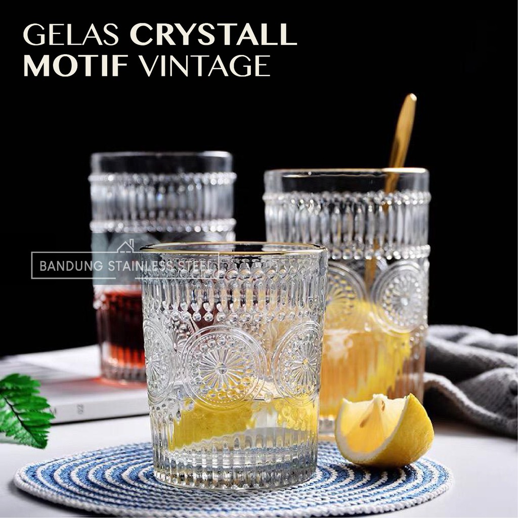 Jual Vintage Retro Gelas Kaca Kristal Gelas Estetik Aesthetic Unik Cantik Drinking Glass Motif 6408