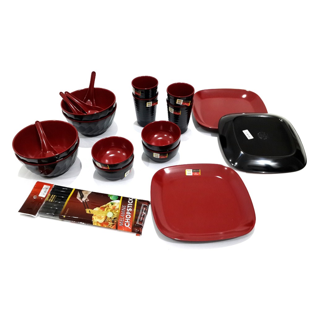 PIRING MELAMIN SET - Paket Combo Peralatan Makan 1 Set Merah Hitam Melamin Golden Dragon 