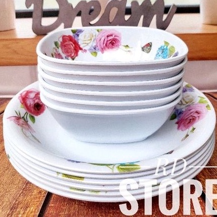 PROMO 12.PCS ISI 6.PIRING MAKAN 6.MANGKOK SAYUR BAHAN MELAMINE WARE MOTIF ROSE TEBAK DAN KUAT