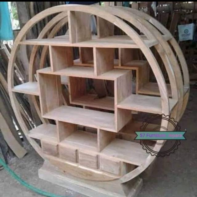 Rak Buku Hias Ruang Tamu Jati Rak Boneka/Tas Mentahan Bunder