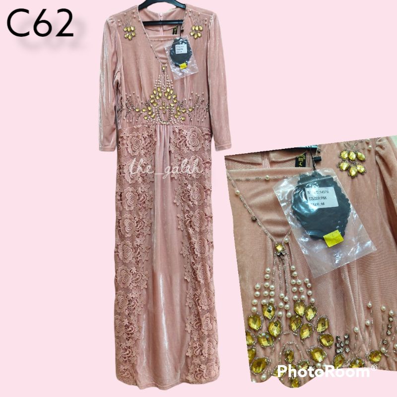 C62 New Long Dress Bludru Lengan Panjang Pink Nude Brokat mix Payet Dress Pesta Bagus Murah