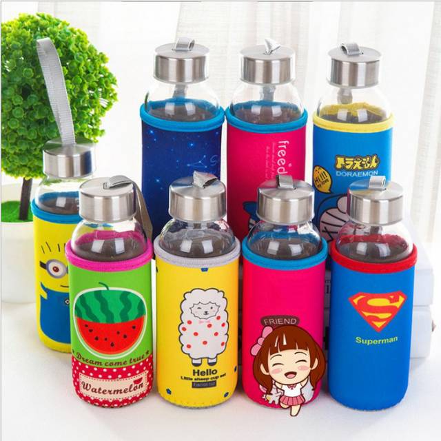 Botol Tempat Air Minum Kaca Berlapis Kain Bermotif Berkarakter Fashion 300ml