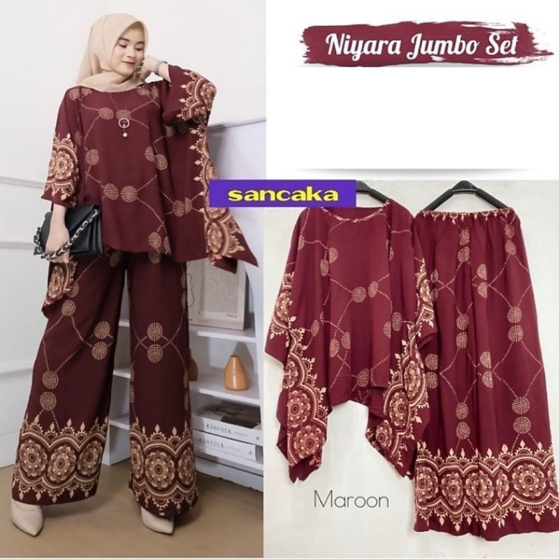 Setelan Rayon Jumbo Lengan Panjang Abstrak Kekinian One Set Piyama Baju Tidur Termurah