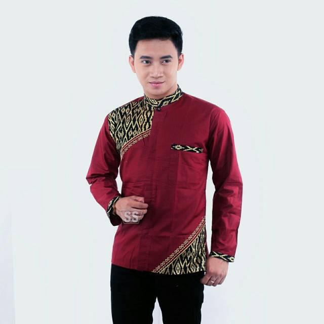 Kemeja Koko Kombinasi Batik Songket Merah