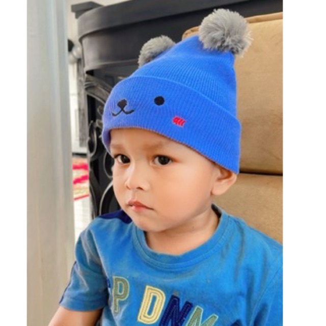Kupluk bayi PUPPY rajut pompom topi anak rajut 0 sampai 3 tahun lucu