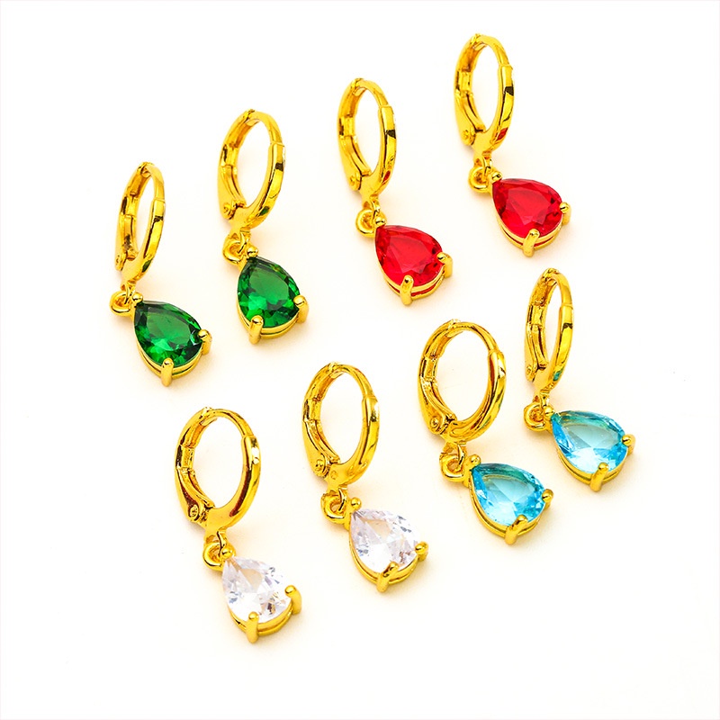 Anting Drop Manik-Manik Ruby Emerald Sapphire 24K Gold Plated Gaya Bangkok Untuk Wanita