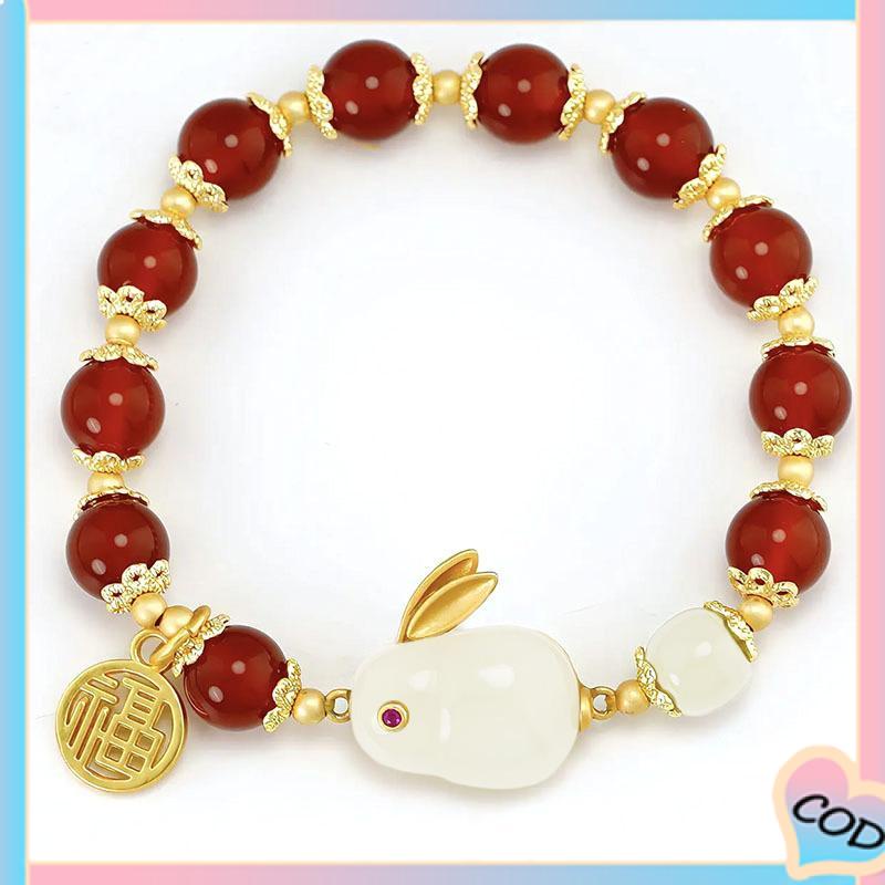 COD❤️Manik-manik merah gelang kelinci giok fashion wanita kelas atas hadiah Hari Valentine-A.one