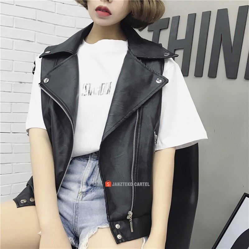 JNK x FEI - Rompi Kulit Sintetis Viena Hitam Punk Faux leather PU Jacket Synthetic Premium Elegan Trendy Import Cewek Perempuan Modern Baru Rompi Vest Pengendara Sepeda Motor Imitasi Zipper Retsleting Jaket Tanpa Lengan Musim Gugur Musim Dingin Oversize