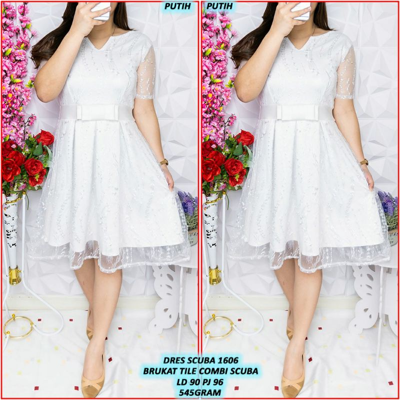 Dress putih wanita/dress scuba mix brukat tile /dress remaja/dress natal/dress gereja/dress putih