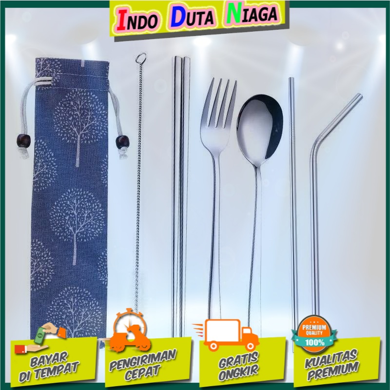 Tofok Cutlery Set Perlengkapan Makan Sendok Garpu Blue Cloth Bag - T10