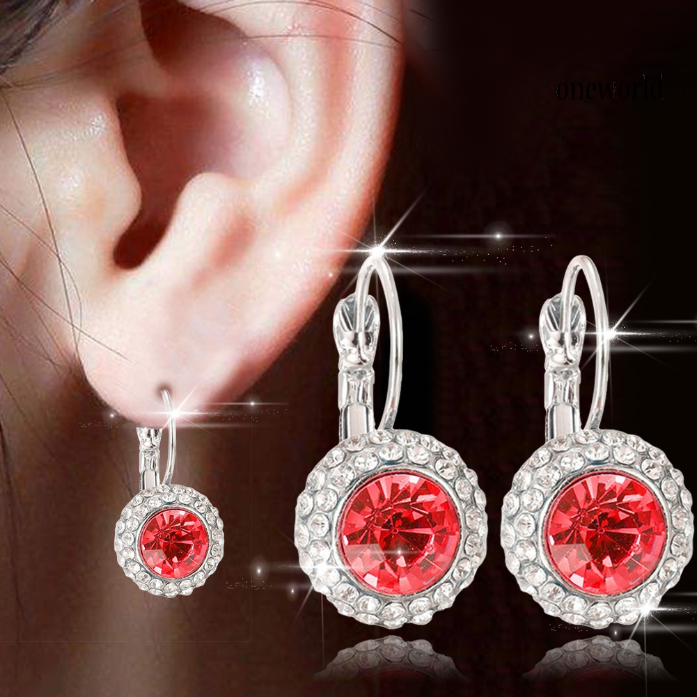 OW# Elegant Women Rhinestone Inlaid Round Dangle Leverback Earrings Jewelry Gift