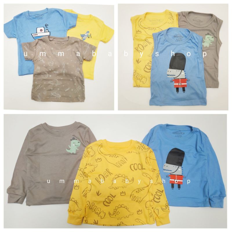 3 Helai Kaos Oblong Bayi Lengan Panjang Pendek Kutung Cotton Premium Dino Series SNI