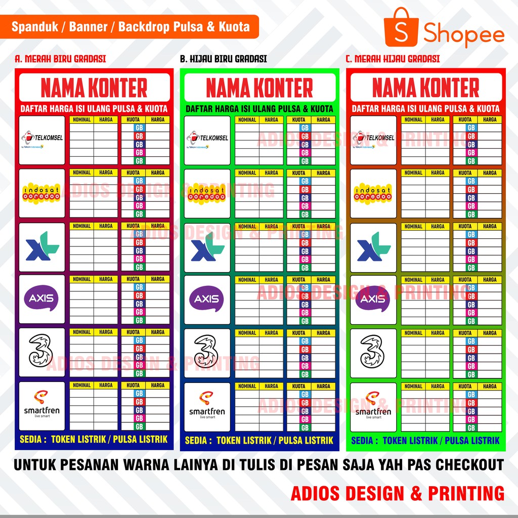 Spanduk Banner Konter Pulsa / Banner Tabel kuota - Bisa Tulis Sendiri - Ukuran variasi 50x120 & 60x1