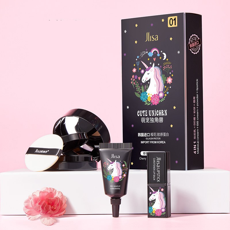 Jlisa Cherry Unicorn Make up 4 pieces Set BB Cushion Compact Lip Balm Primer Base