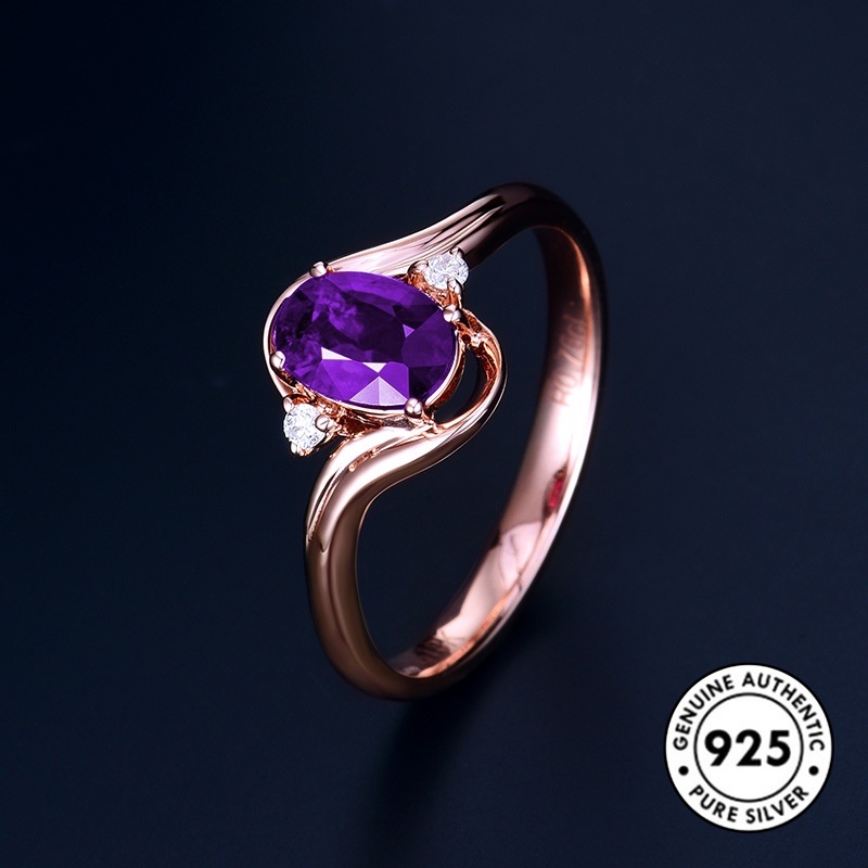 Cincin Sterling Silver 925 Dengan Batu Amethyst Warna Rose Gold Elegan Untuk Wanita