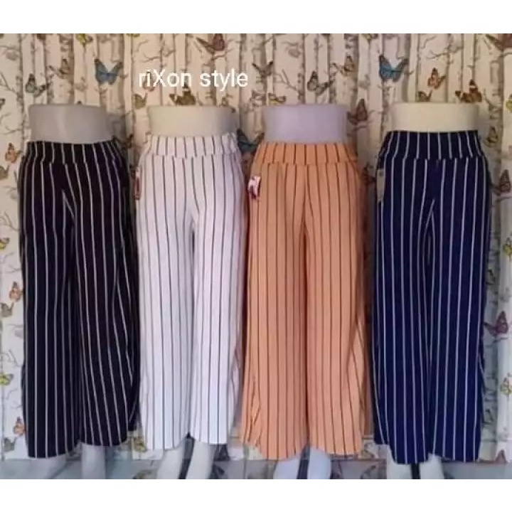 Grosir CELANA KULOT PANJANG WANITA CREPE JUMBO / Basic Long Pants Polos Motif Salur Pelangi Murah