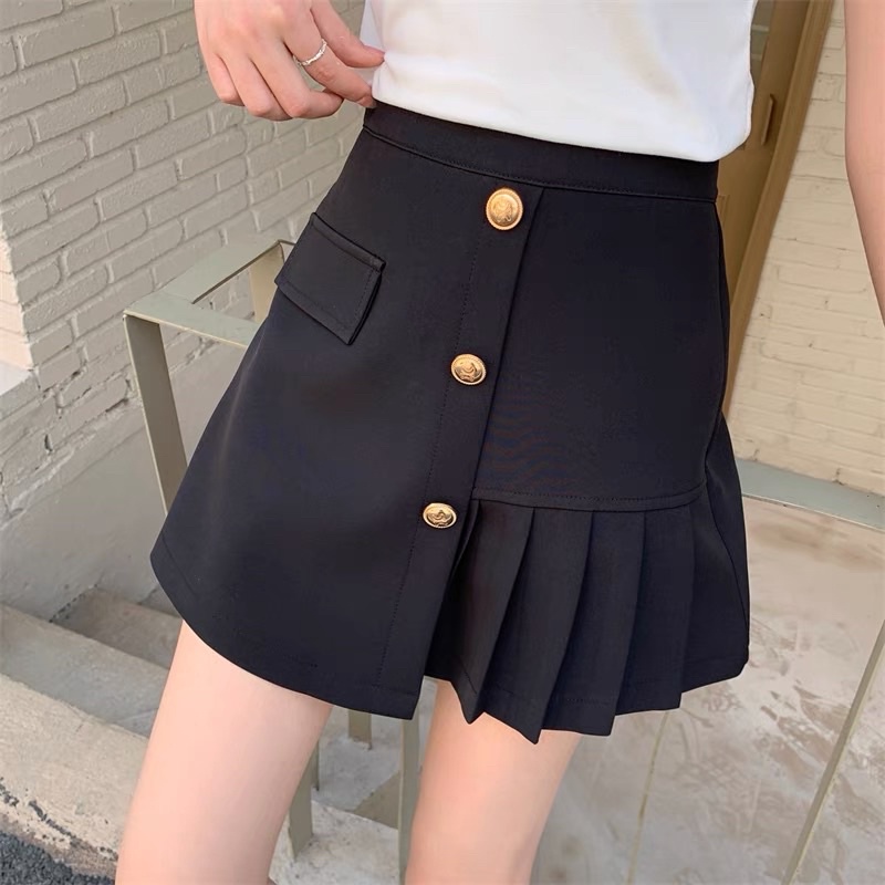 (S-XXL) 3BUTTON KOREAN STYLE PLEATED SKIRT ROK WANITA