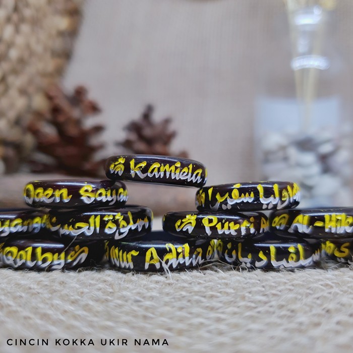 Cincin kaokah ukir nama custom warna hitam bahan koka asli