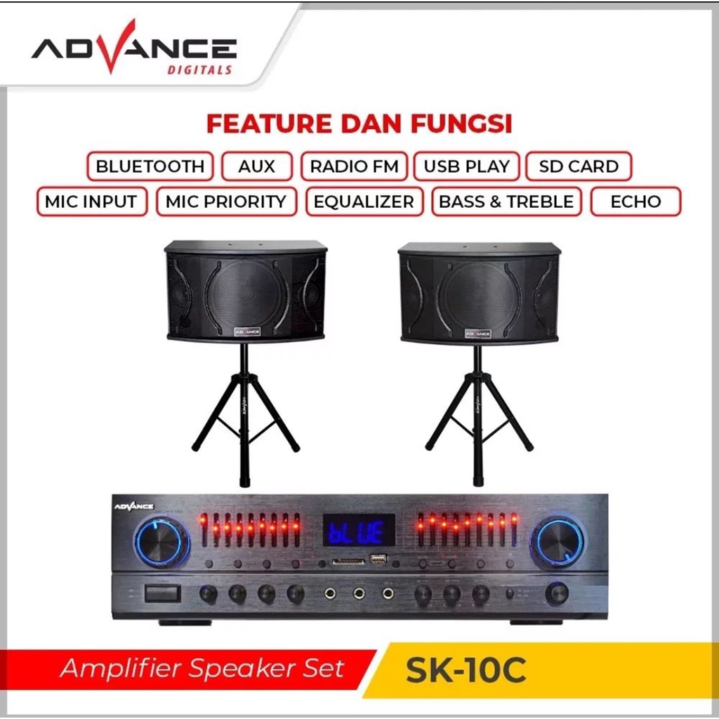 Amplifer + Speaker Advance SK-10C Dual Woofer 10 Inch + Tweeter 3 Inch Sound System Ampli Mixer Bluetooth Karaoke Speaker